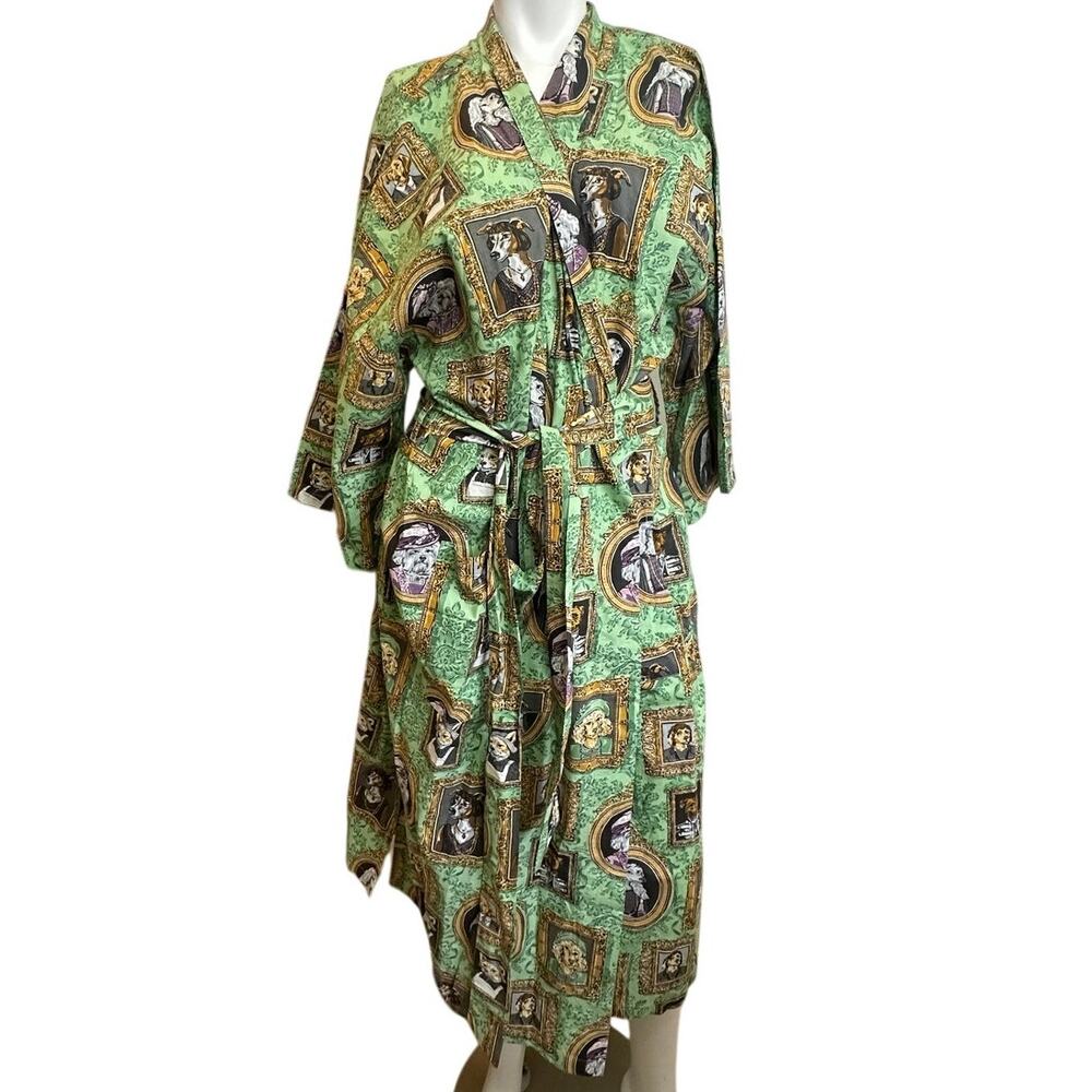 Printfresh Robe L/XL Organic Cotton Dog Print Kimono Green Belted Lounge - Picture 12 of 13